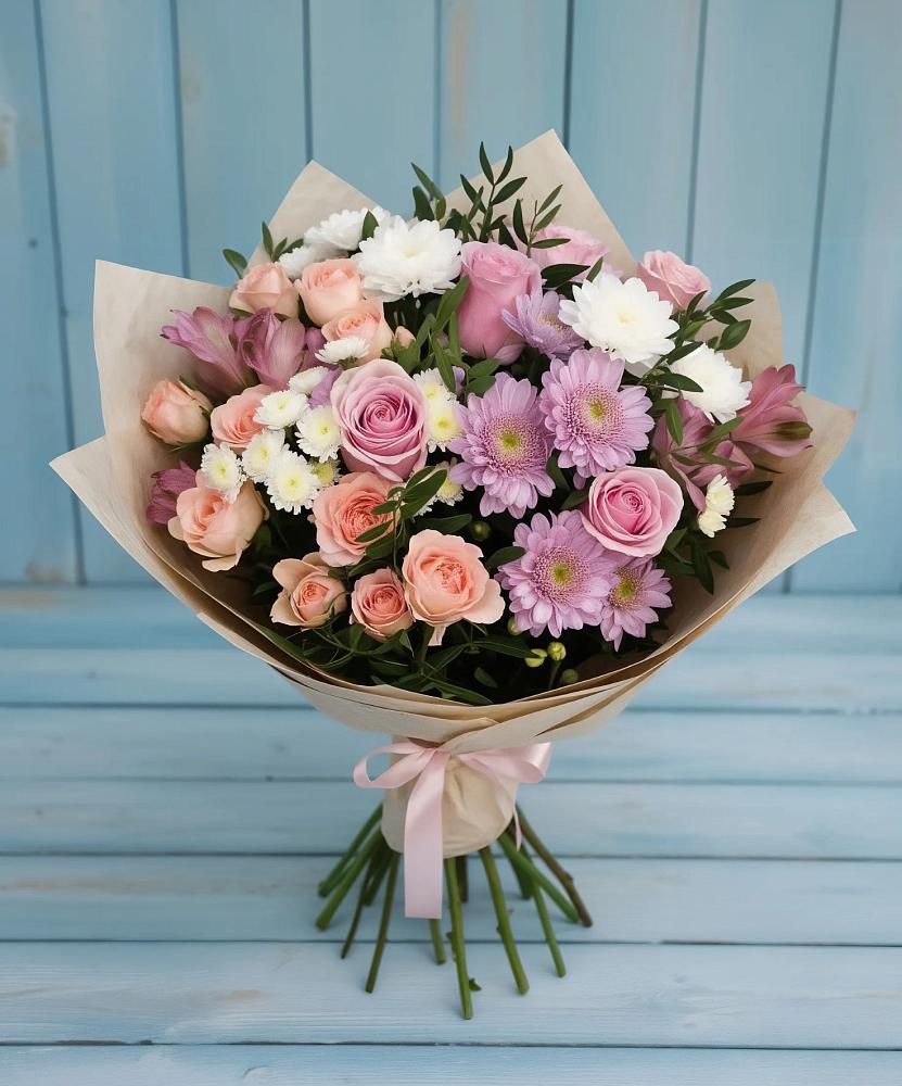 Букет цветов из: Хризантемы, Розы и Альстромерии в Красногвардейском Ставропольского края