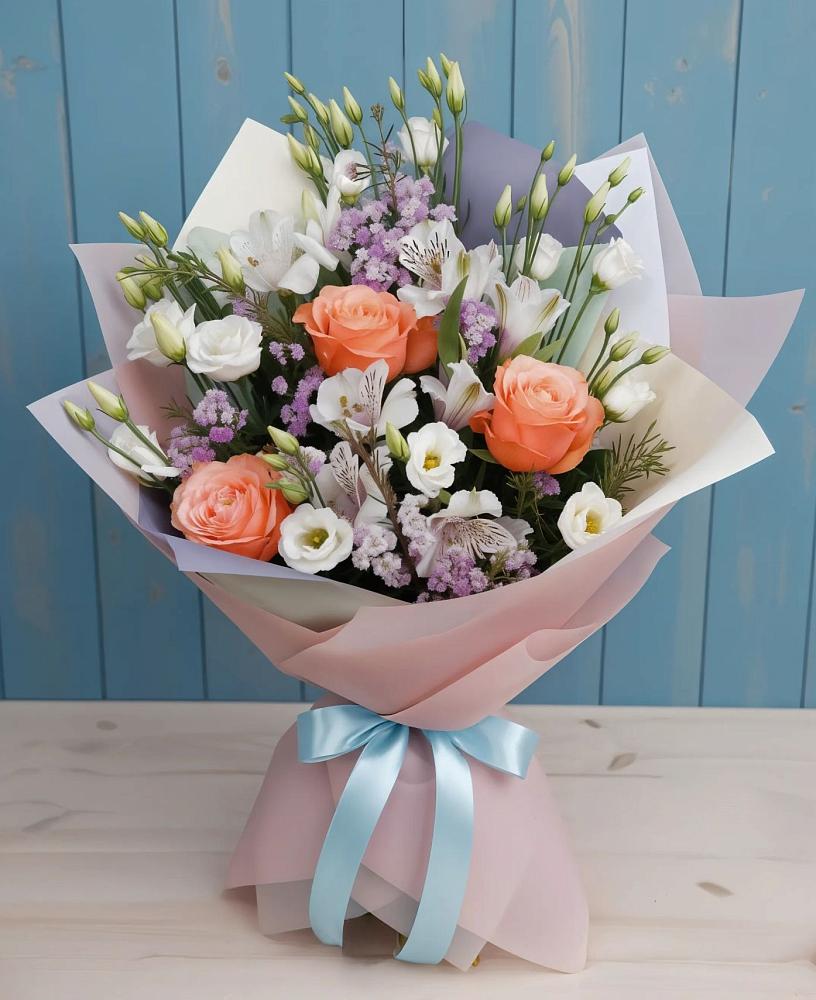 Букет цветов из: Лизиантусы, Розы, Альстромерии и Гипсофила в Красногвардейском Ставропольского края