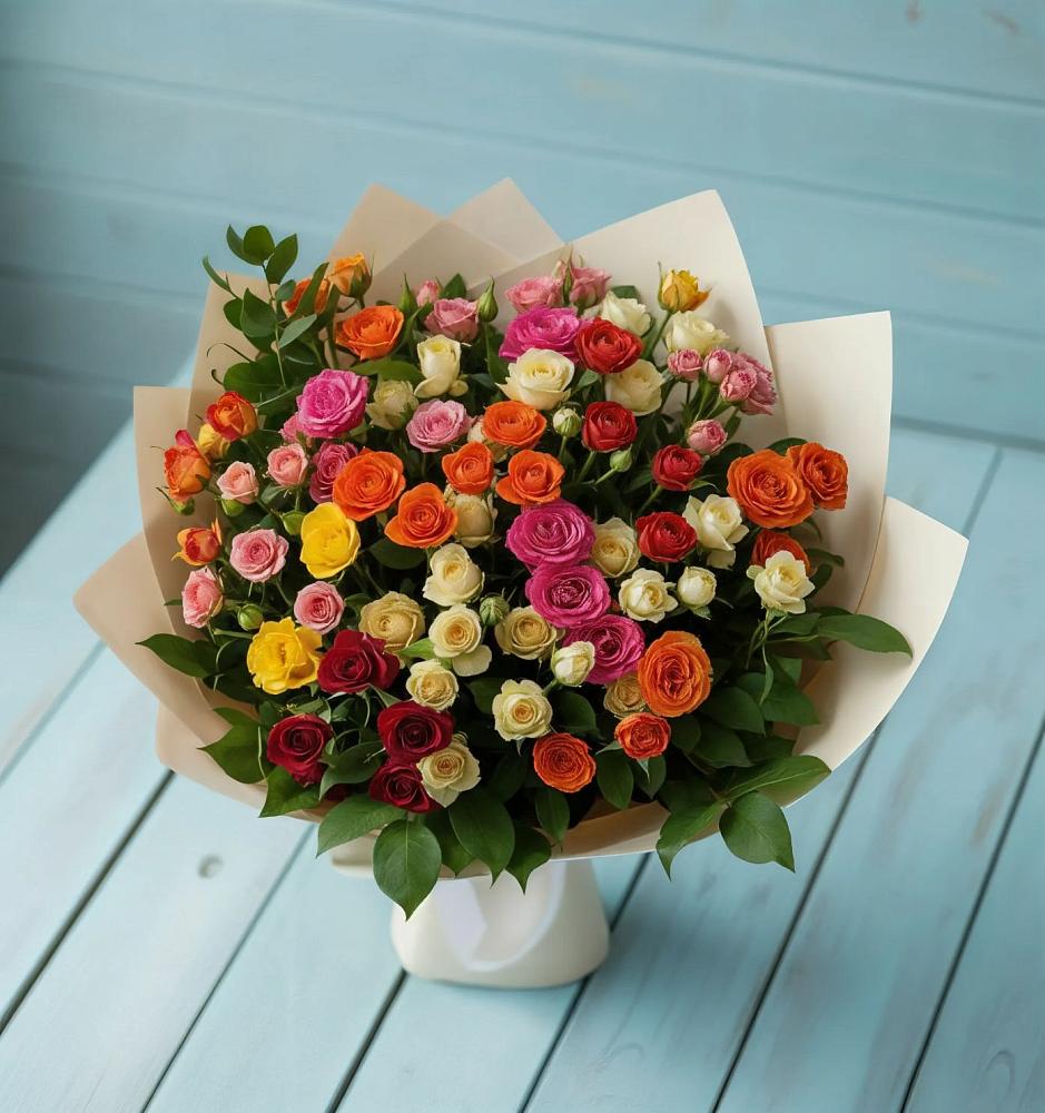 Букет Микс из разноцветных кустовых роз в Красногвардейском Ставропольского края
