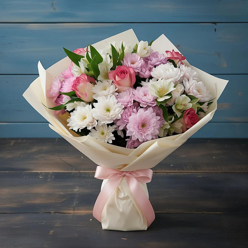 Букет цветов из: Хризантемы, Альстромерии и Розы в Красногвардейском Ставропольского края